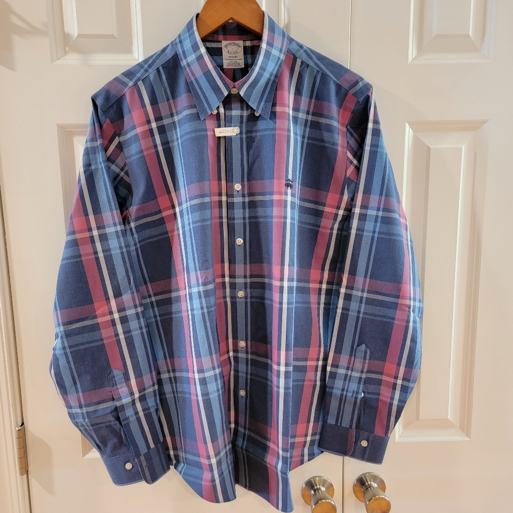 Brooks Brothers Men's Oxford Shirt Blue & Pink Plaid Large Supima Cotton